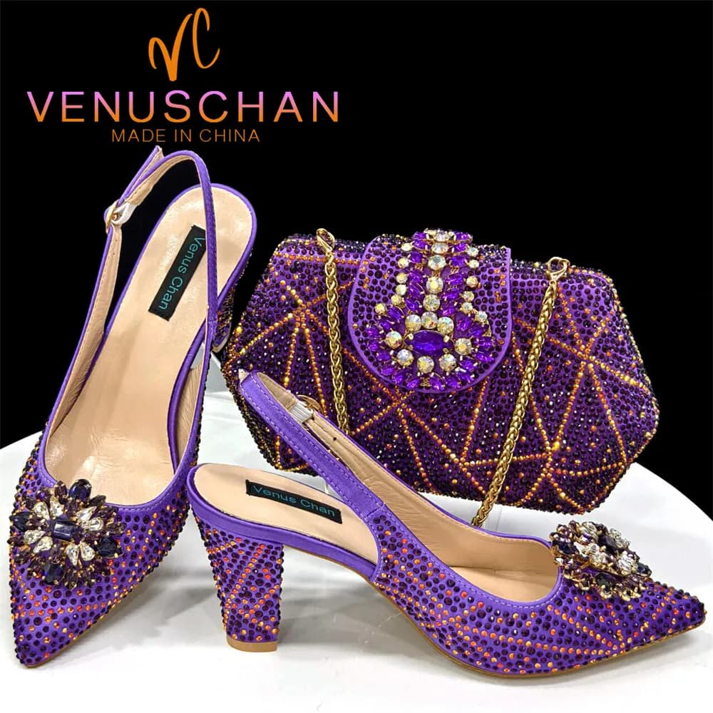 Venus Chan Set di scarpe e borse da donna nigeriane con tacco da donna, design italiano, decorate con borsa con strass, festa di nozze