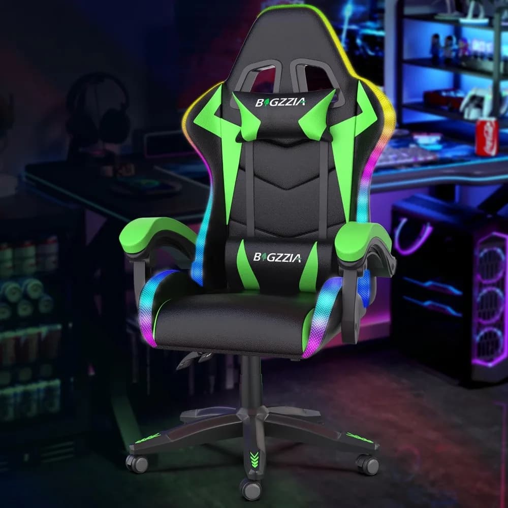 Dotato di luci LED RGB, sedia da gioco ergonomica per computer con schienale alto, poggiatesta e supporto lombare