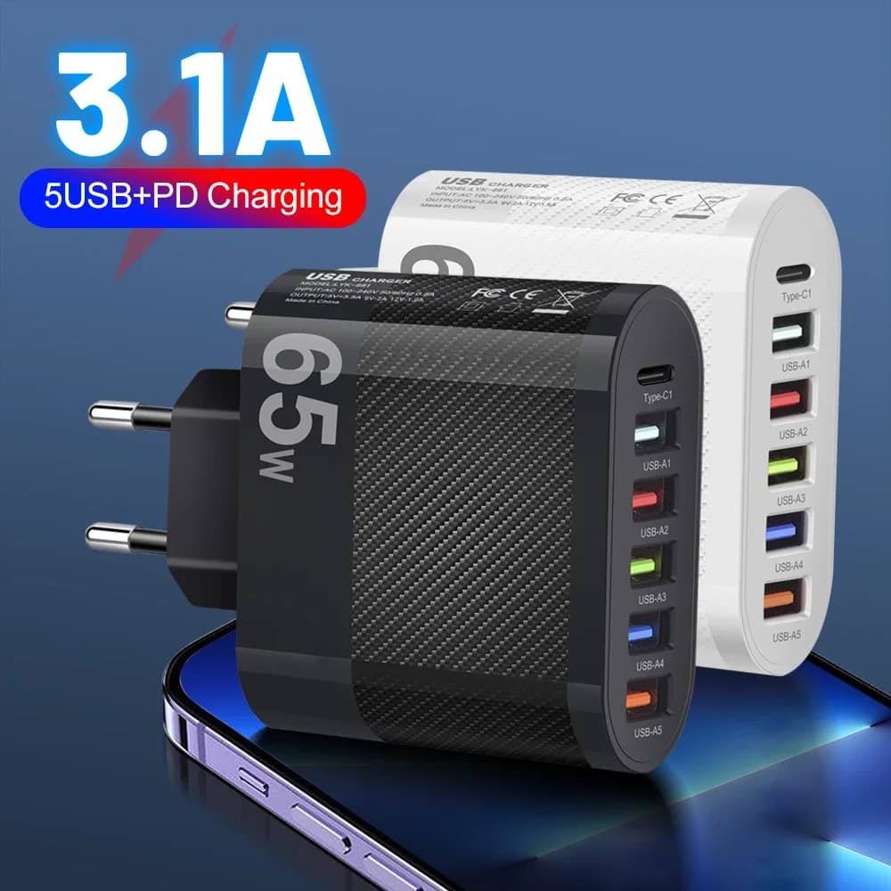 3.1A 5Ports Caricatore USB PD Adattatore di Ricarica Veloce Per Xiaomi iPhone 15 14 Samsung Spina Del Telefono Mobile di Ricarica QC 3.0 Caricatore Da Parete