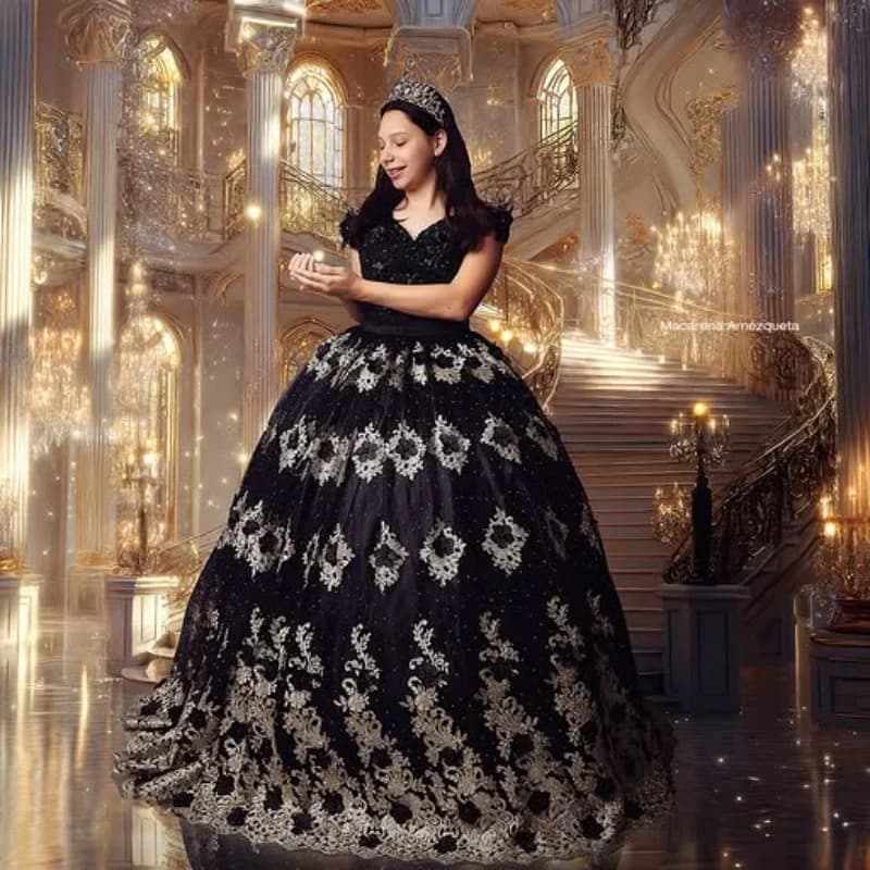 Abiti Quinceanera neri lucidi con spalle scoperte Glitter Decal pizzo cristallo coda lunga Vestido De 15 Quinceanera Personalizza