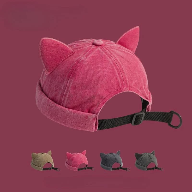 Spring Summer Cute Sweet Cat Ears Brimless Hat Casual Adjustable Versatile Dome Washed Old Hat Outdoor Windproof Melon Skin Hat