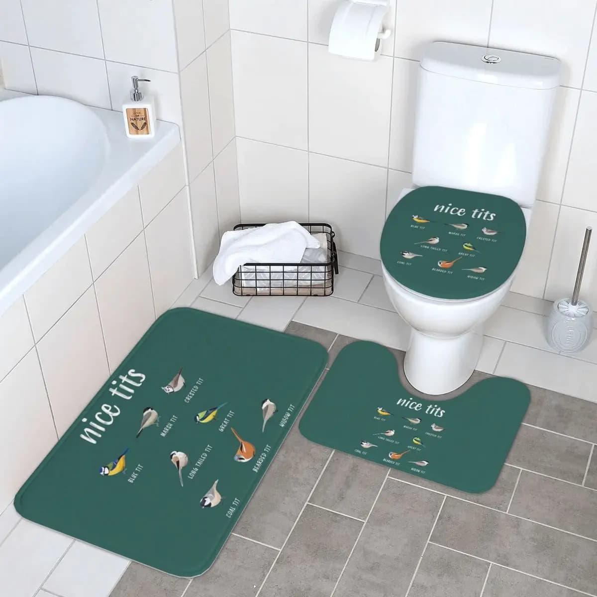 Belle tette Divertente Bird Watching Regalo per Birder 3 pezzi Tappetino da bagno Set da bagno Copriwater Decorazioni per la casa Tappeto antiscivolo Tappeto da pavimento