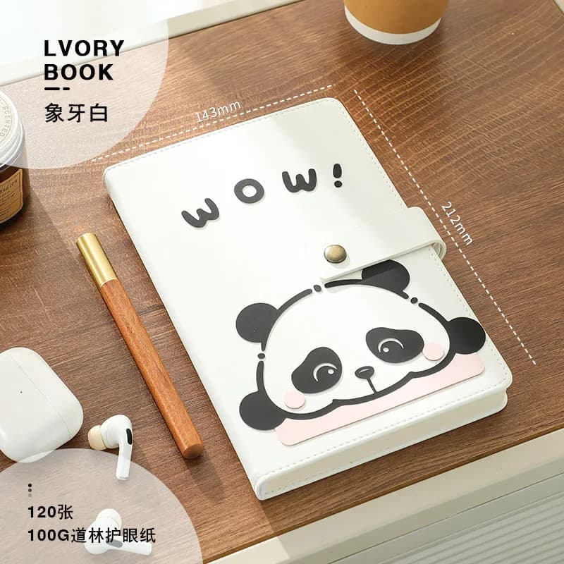 Cute Panda A5 Journal Notebook,PU Leather Hardcover Notebook With Snap Button,120 Pages 100GSM Kawaii Panda Design Lined Diary