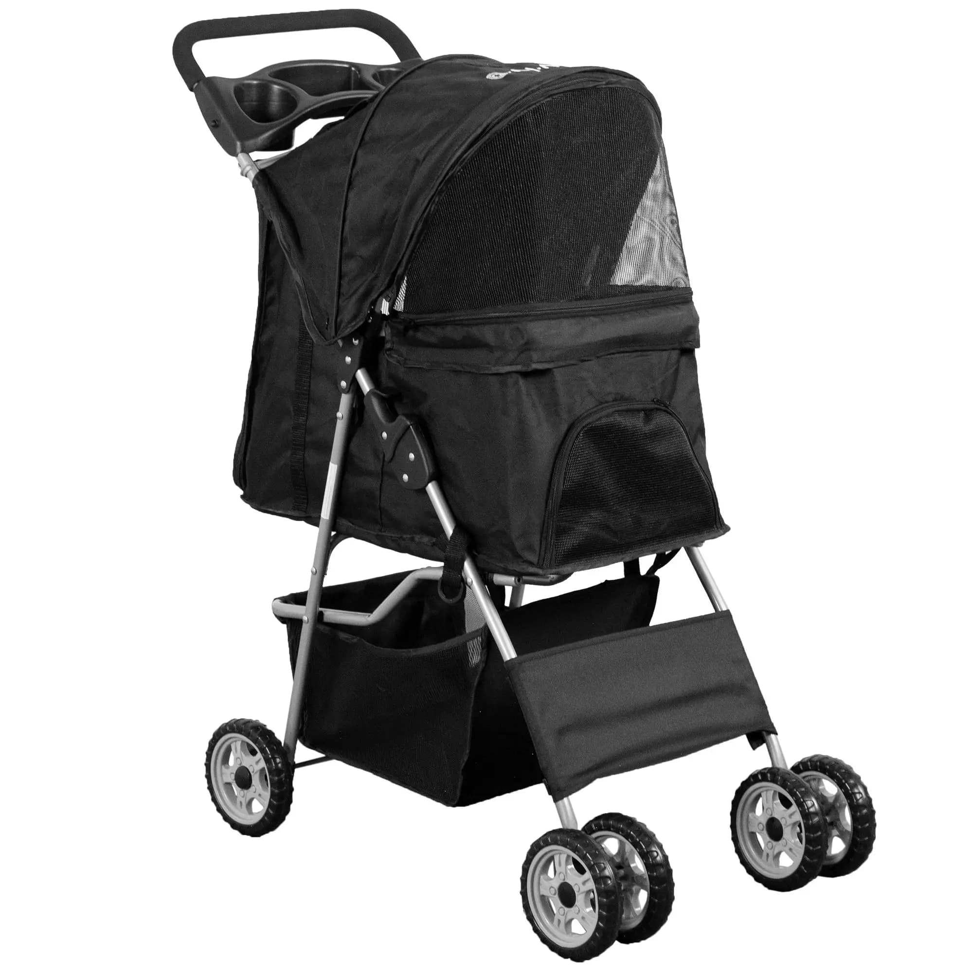 Black 4 Wheel Pet Stroller for Cat, Dog and More, Foldable Carrier Strolling Cart, STROLR-V001K