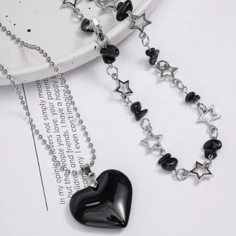 2-piece Y2K Blackheart Natural Obsidian Bead Layered Necklace Set Silver Stackable Choker Gothic Street Jewelry