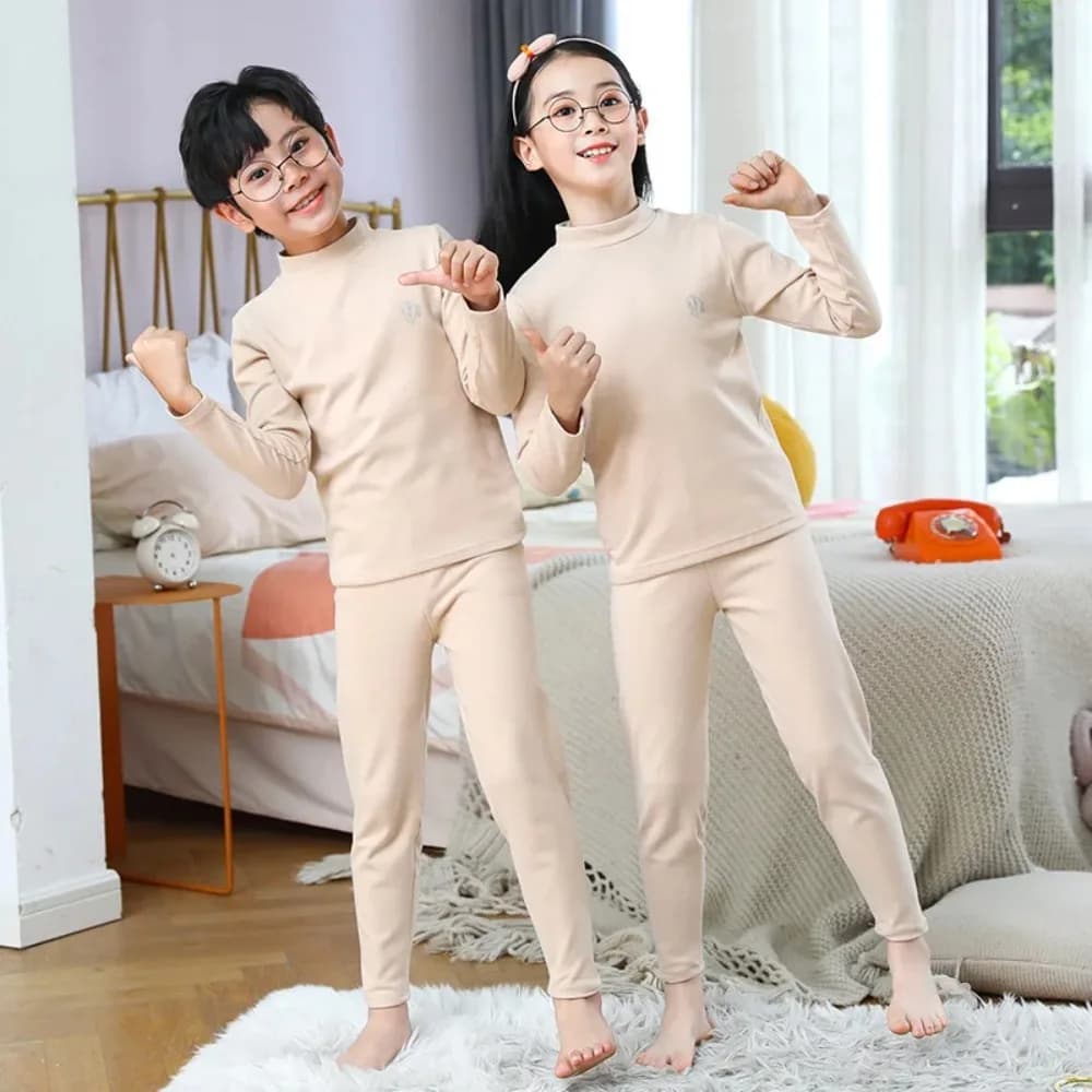 Kids Mid-Collar Thermal Underwear Set - Double-Sided Brushed Long Johns, Toddler & Kids Home Base Layer