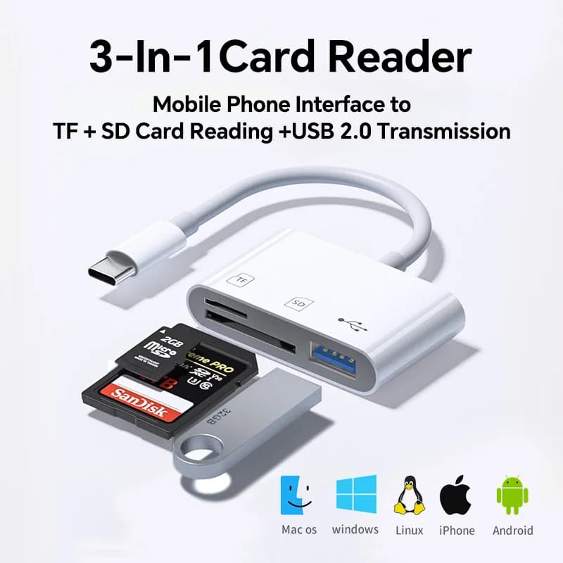 Lettore di schede telefoniche OTG di tipo C / Lightning | Trasferimento di foto della fotocamera con disco USB Micro SD SD TF per iPhone Android Multi-System