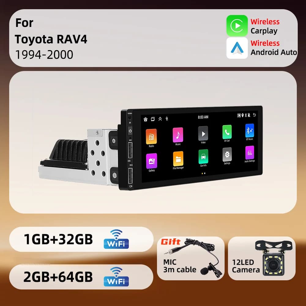 Autoradio Android 1 Din with 6.86inch Screen for Toyota RAV4 1994-2000, Multimedia System with CarPlay, GPS, WiFi and Navigation