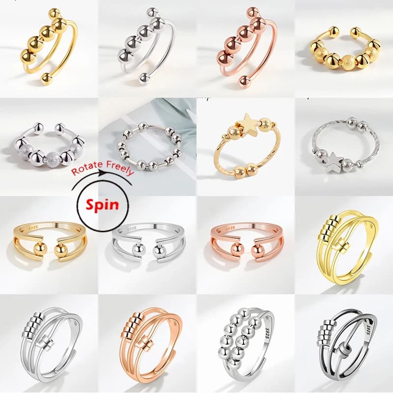 Anello Antistress Girevole con Perline, Gioiello Antistress Regolabile per Uomo e Donna, Anello Fidget Semplice con Spirale di Perline