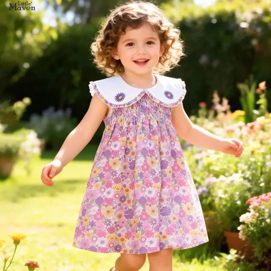 Abiti Estivi per Bambine, Vestiti Senza Maniche con Colletto a Bambola, Abito Principessa Floreale, Vestito Casual a Linea A per Bambini