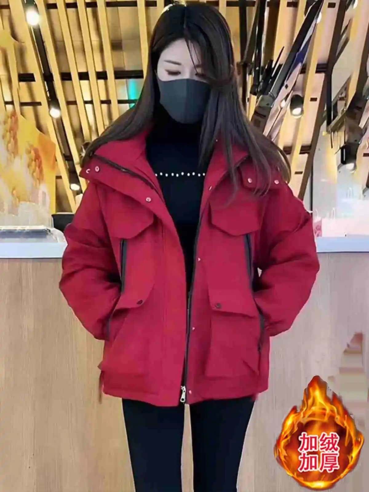 Giacca in Velluto di Agnello Rosso per Donna, Imbottita e Calda, Nuovo Stile Autunno-Inverno, Semplice ed Elegante, con Maniche Lunghe e Chiusura a Zip