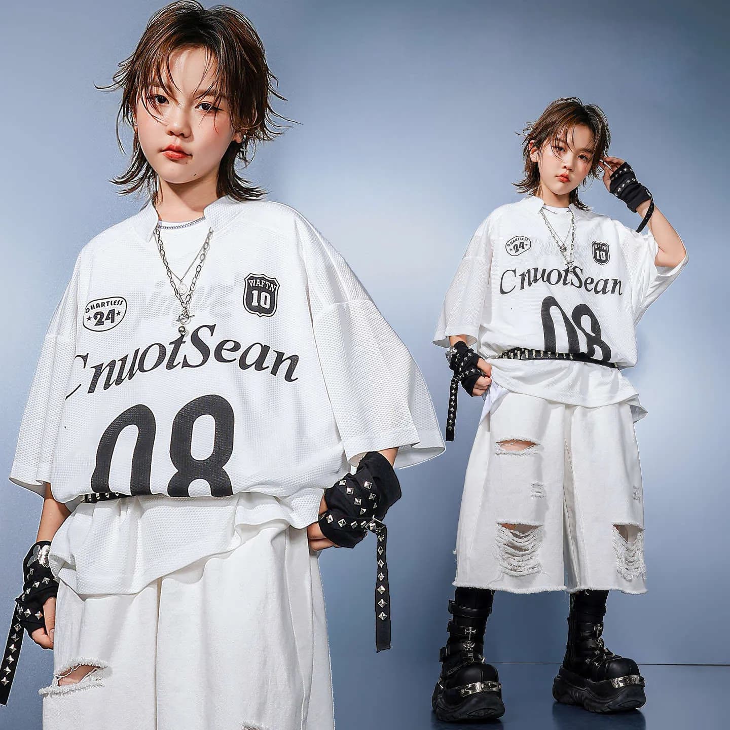 Clothing Hip Hop Kpop for kids T-shirt in white jersey Top torn shorts randomly aged for dresses for jazz dance costumes for girl boy