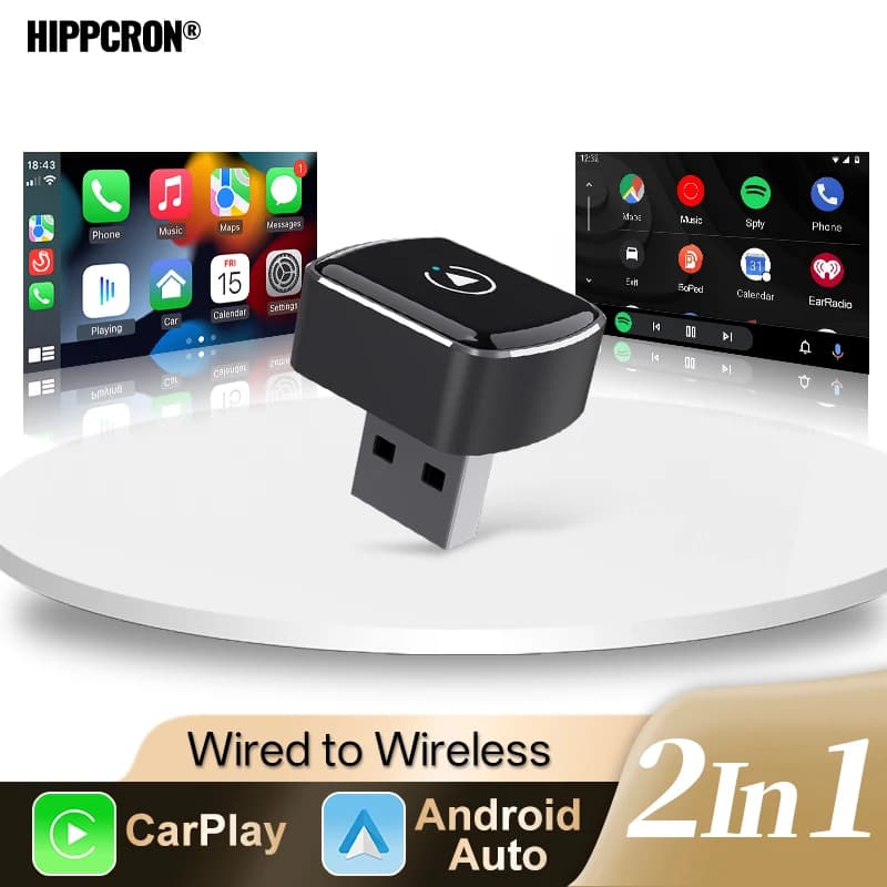 Adattatore Wireless CarPlay e Android Auto Hippcron, Box Intelligente da Cablato a Wireless 2 in 1, Interfaccia USB Plug and Play