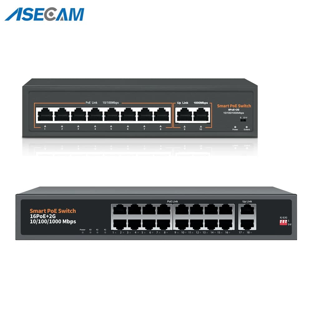 Switch POE 48V-52V POE 8/16 porte 10/1000Mbps IEEE 802.3 af/at Over Ethernet IP Camera Wireless AP CCTV Camera Security System