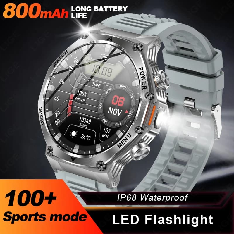 2026 New Outdoors Military 800mAh Battery Smart Watch Men IP69K Waterproof LED Flashlight Heart Rate Sports Tracker Smartwatchs