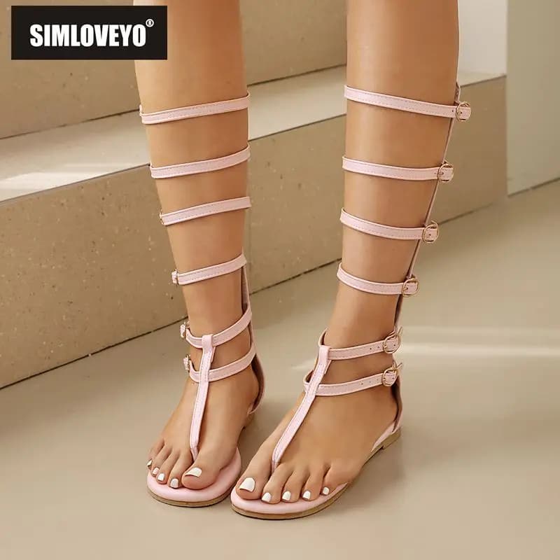 SIMLOVEYO White Women Sandals Clip Toe Flats Heel Zipper Belt Buckles T-Strap Large Size 46 47 48 Roman Style Soft Daily Shoes