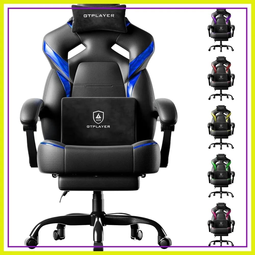 Sedia da gaming grande e alta per adulti, sedia da ufficio ergonomica con poggiapiedi, resistente fino a 350 libbre, schienale alto, in pelle e finiture iridescenti, nero e blu