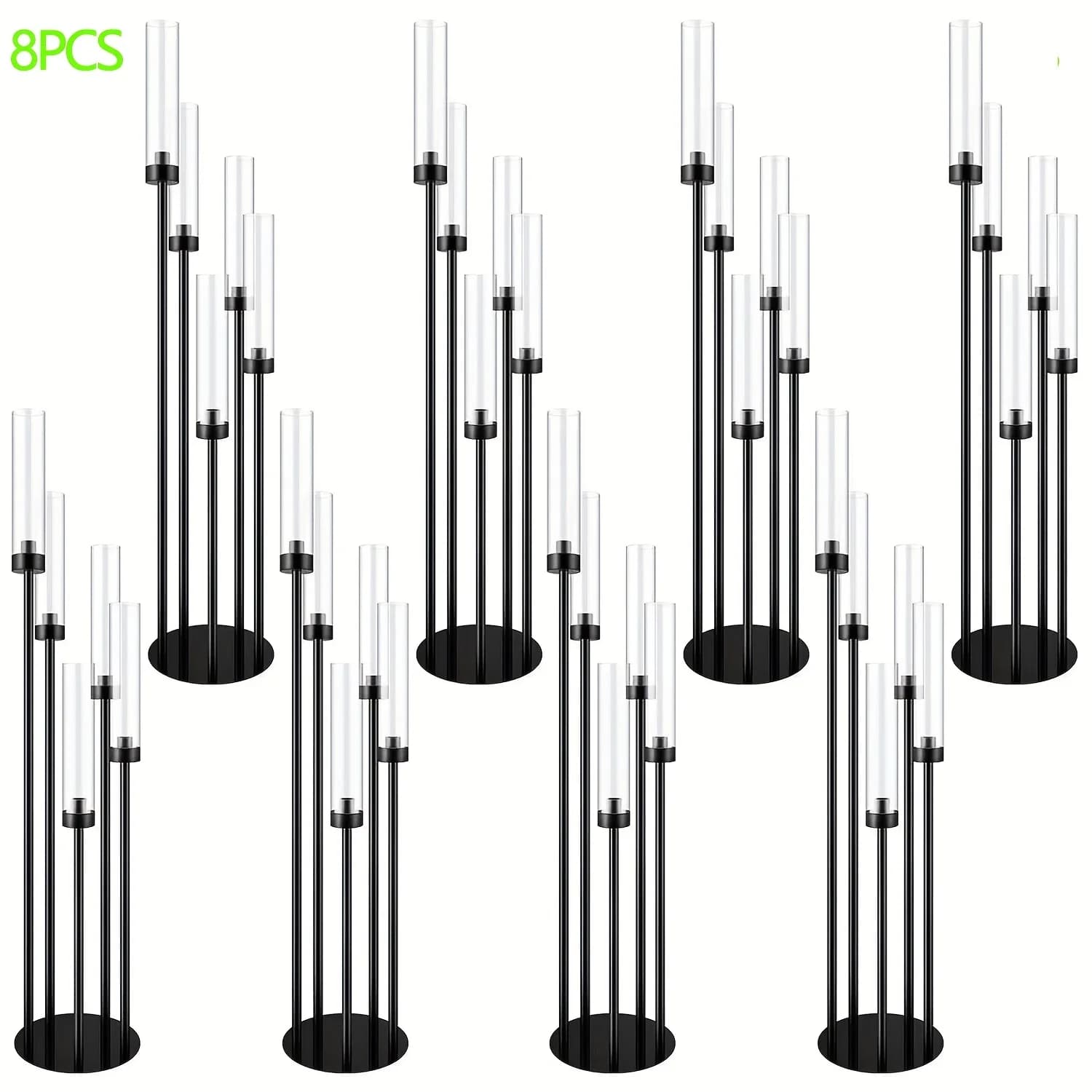 8 Set di Candelabri da Terra Neri a 5 Bracci con Paralume in Acrilico - Portacandele da Terra Robusti in Metallo Effetto Legno, Alti 46,5'' - Eleganti