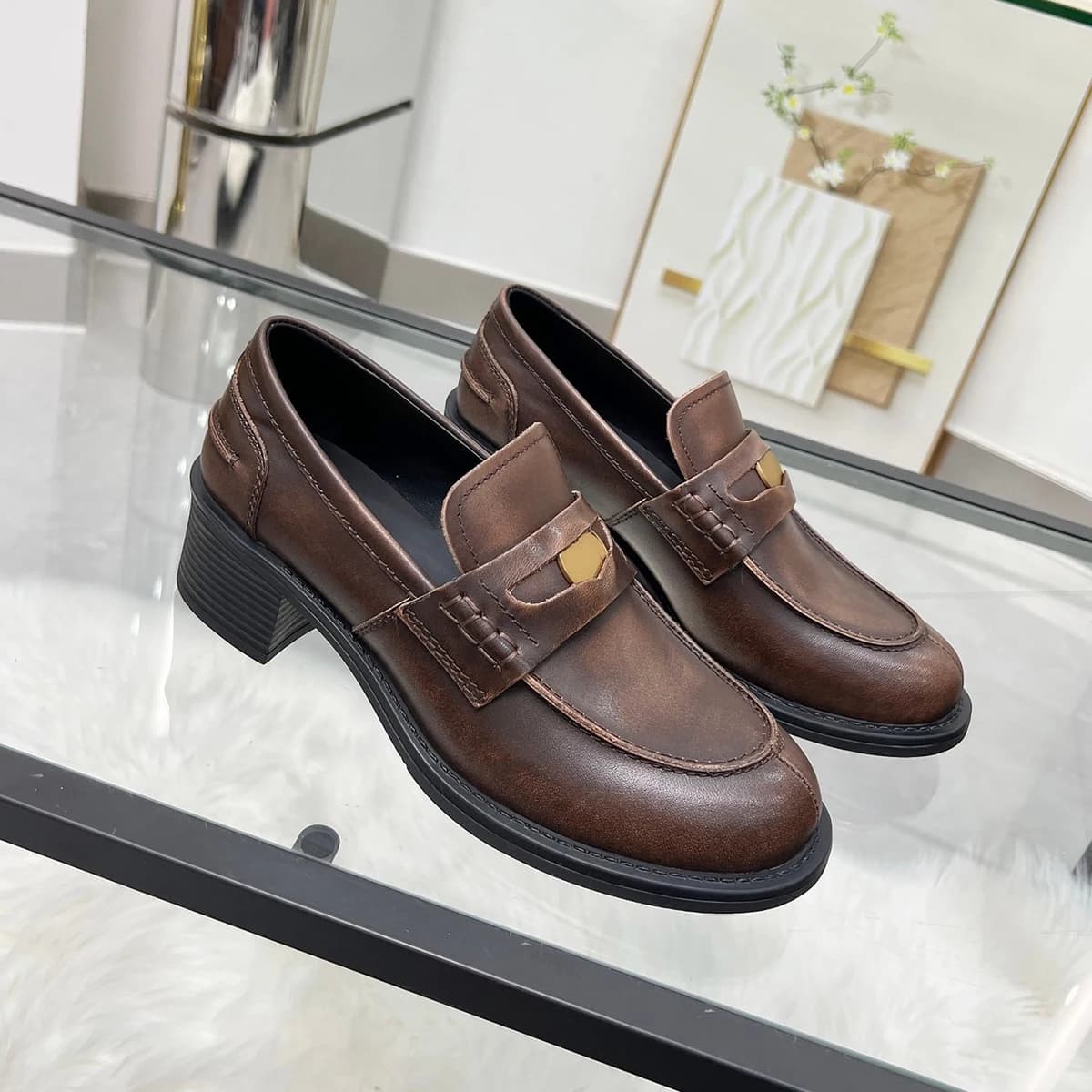 2026 New Women Shoes, Leather Block Heel Loafers, Metal Decor Slip On Casual Dress Shoes--wy81