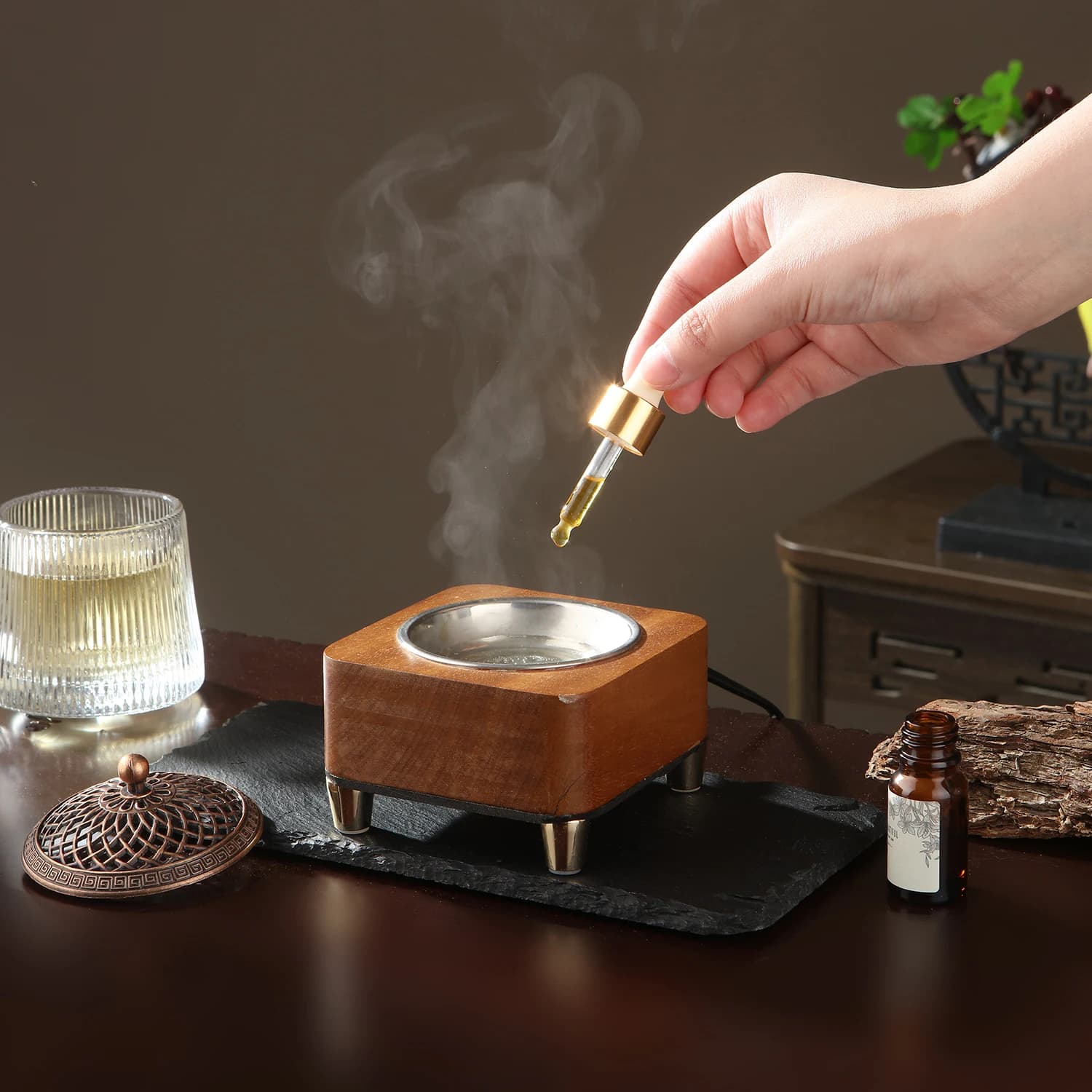 Bruciatore di Incenso Elettronico in Legno, Diffusore di Oli Essenziali con Timer e Temperatura Regolabile, Scalda Cera per Incenso di Legno di Agar