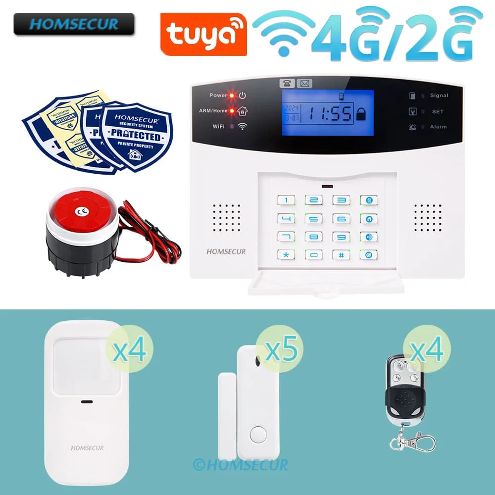 HOMSECUR Wireless e Wired WIFI Tuya Smart 4G GSM SMS Sistema di allarme antifurto con composizione automatica + Sensori per porte e finestre PIR immune agli animali domestici