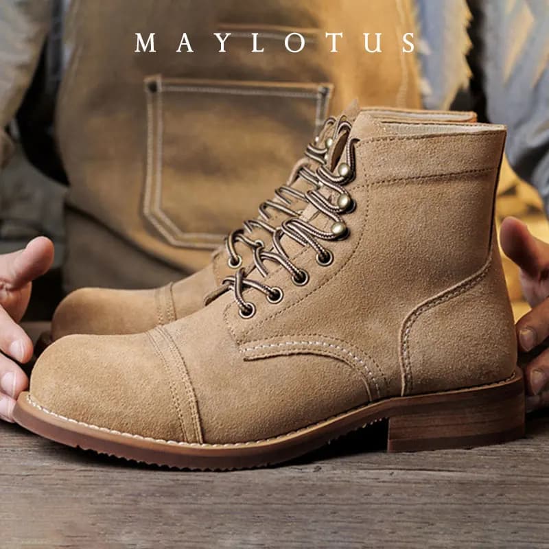 Stivali in pelle scamosciata Goodyear-Welted da moto, robusti, stile vintage, in pelle scamosciata, stile punk, da uomo, in pelle bovina, a taglio medio.