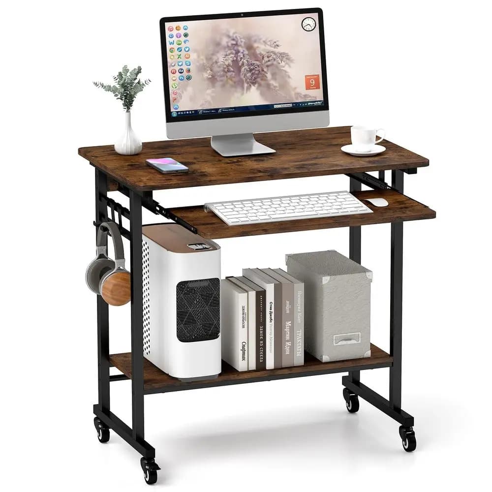 Carrello Portatile per Scrivania con Vassoio per Tastiera, Scrivania Mobile per Laptop e PC con Supporto CPU e 3 Ganci per Divano e Letto, Indu
