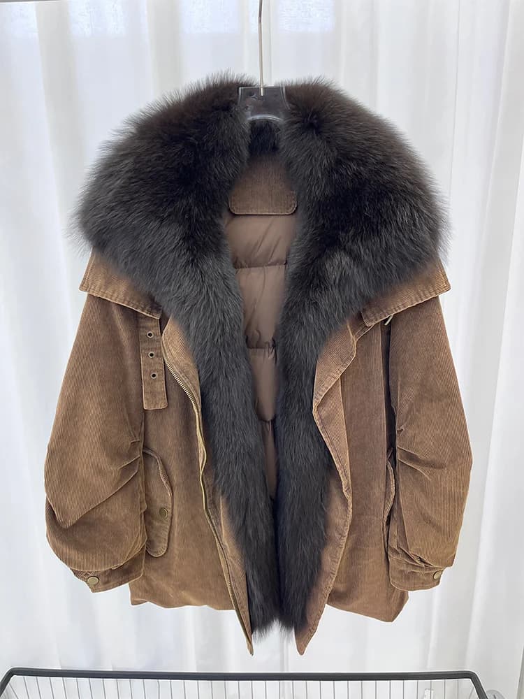 Cappotto invernale da donna con collo in pelliccia di volpe naturale, piumino d'oca casual, piumino lungo casual di lusso, parka in velluto a coste