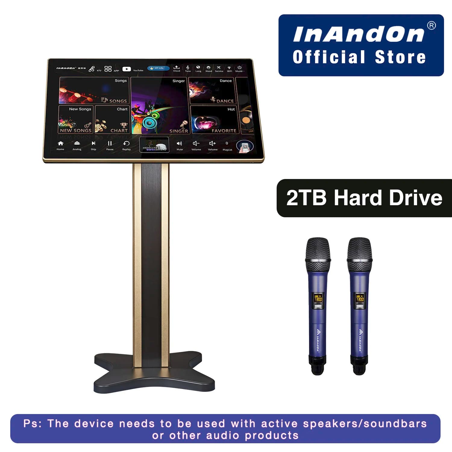 InAndOn KV-HT215 Macchina per Karaoke 4-in-1 con Schermo Touch da 21,5\", Disco Rigido da 2TB, 2 Microfoni Wireless, YouTube, Bluetooth, WiFi