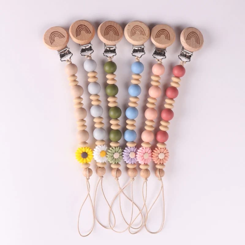 Catena per ciuccio in legno per bambini, in silicone, con perline di girasole, porta capezzoli, ciondolo per massaggiagengive, regalo per neonato
