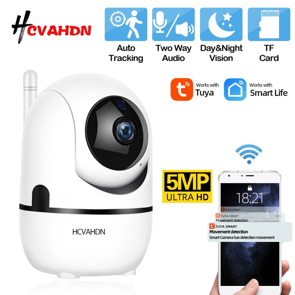Telecamera PTZ Wifi Smart Life da 5 MP Tracciamento automatico per interni Telecamera per baby monitor di sicurezza wireless Tuya con videosorveglianza audio bidirezionale