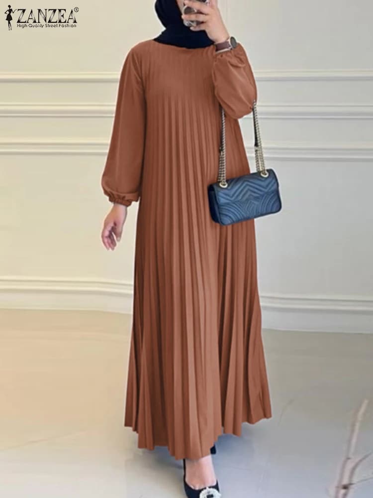 ZANZEA autunno Robe Femme Casual allentato Dubai Abaya Vestido Vintage manica lunga pieghettato prendisole donna moda solido vestito musulmano