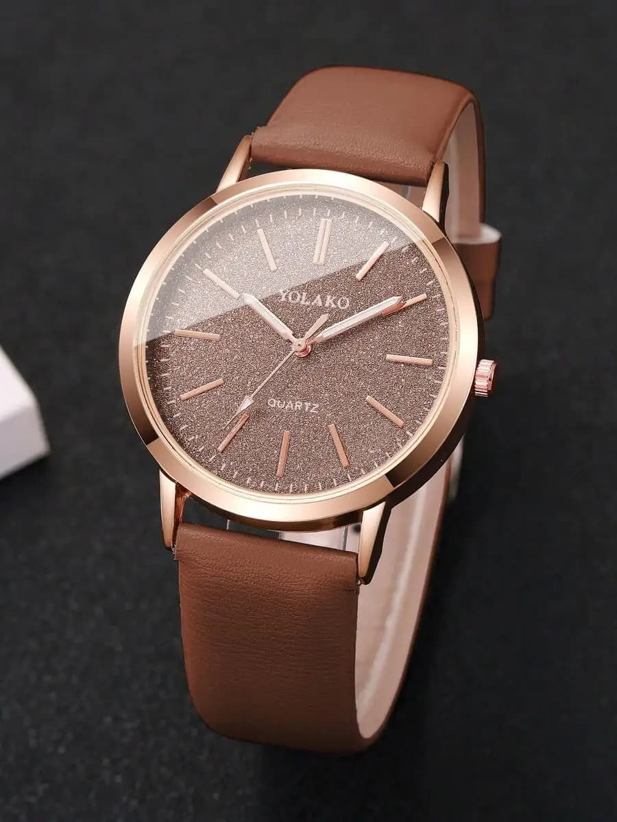 Women's Leather Strap Fashion Minimalist Dial Classic Elegant Quartz Watch + Heart Bracelet (2pcs/Set) Watch Box Not Included