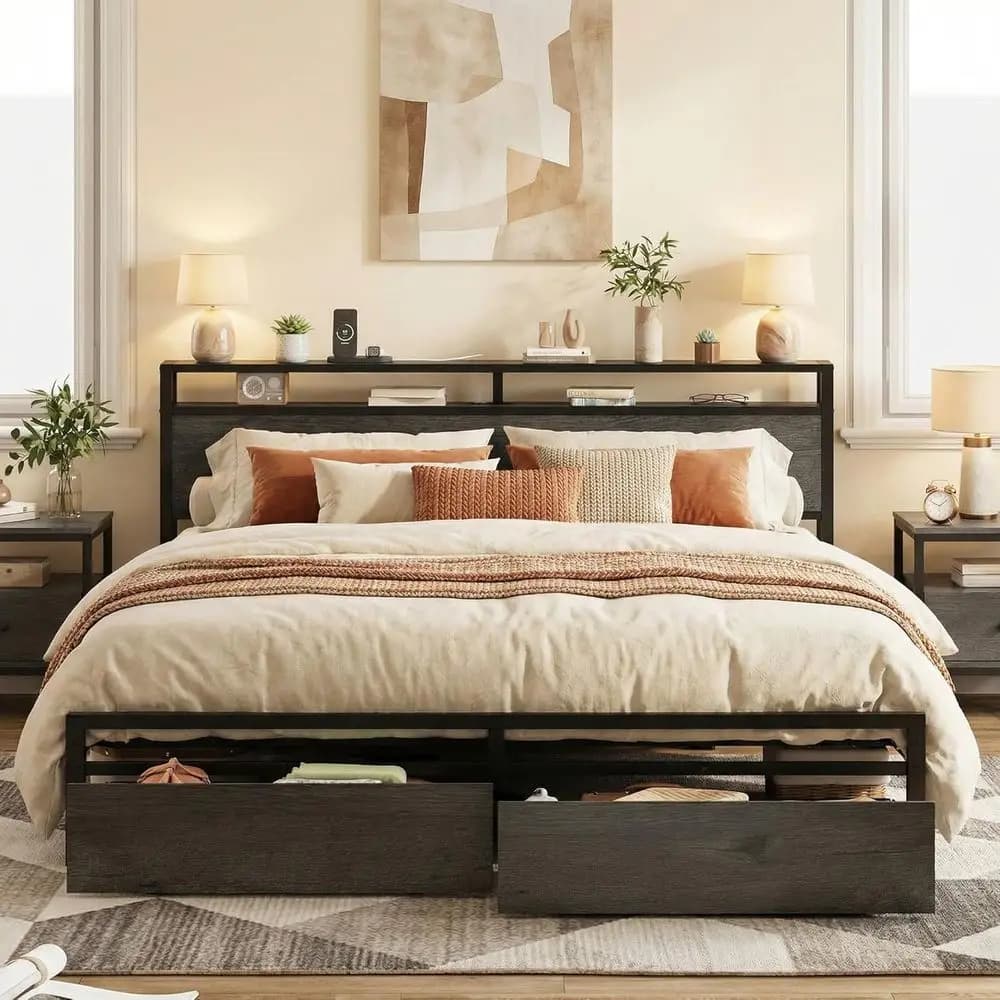 Letto con piattaforma contenitore, cassetti e stazione di ricarica, senza rete a doghe, facile da montare, grigio antracite