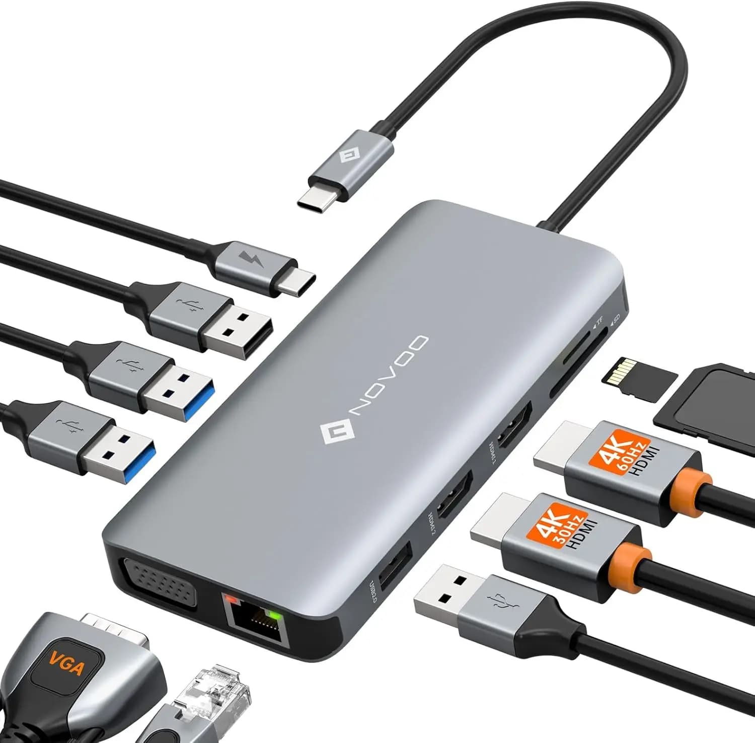 Docking station USB-C 11 in 1 con doppio lettore di schede HDMI, VGA, 100 W PD, Ethernet e schede per laptop
