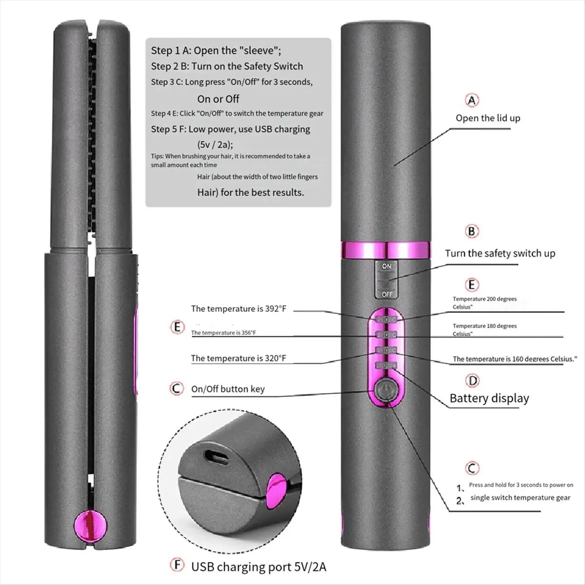 New Wireless Hair Plate, 2 in 1, Portable with 5000mAh USB-C Rechargeable Battery, Ceramic Grigia Plate