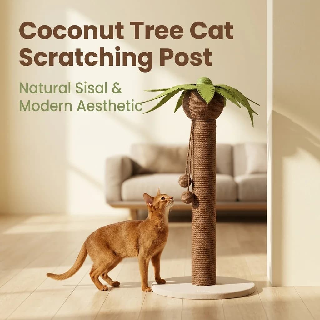 Coconut Tree Cat Climbing Frame Wool Vertical Scratcher with Hanging Ball Toy 2-Level Modern Safe Durable 9kg Indoor Cat