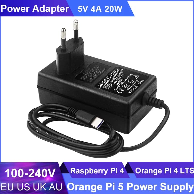 5V 4A Raspberry Pi 4 Alimentatore Tipo C AC DC Adattatore Ingresso 100-240V EU US UK AU Applicabile per Orange Pi 5/4 LTS/3 LTS