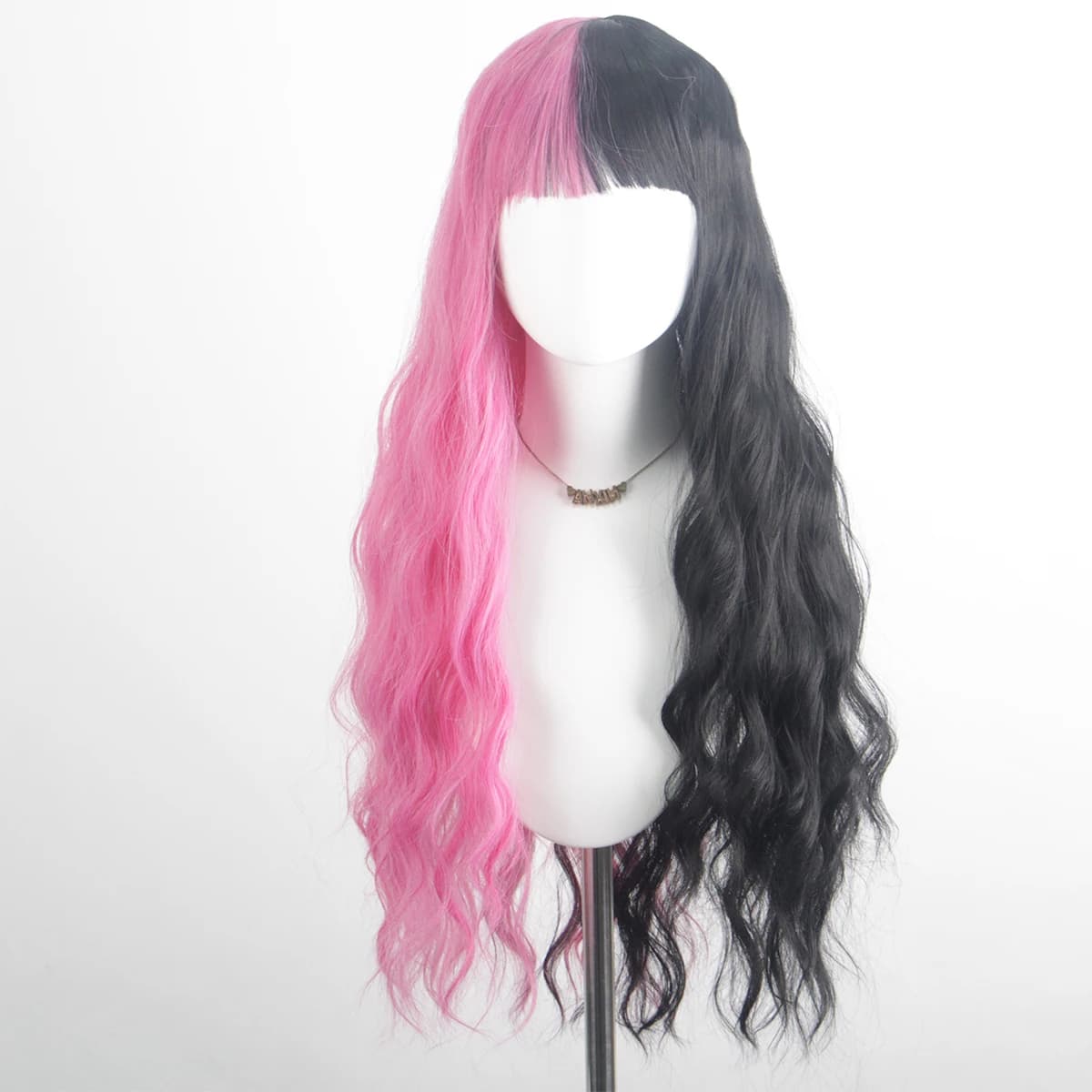 Women's Black Pink Mixed Color High-Quality Synthetic Long Curly Hair Wig with Fashionable Qi Bangs for Party Wear