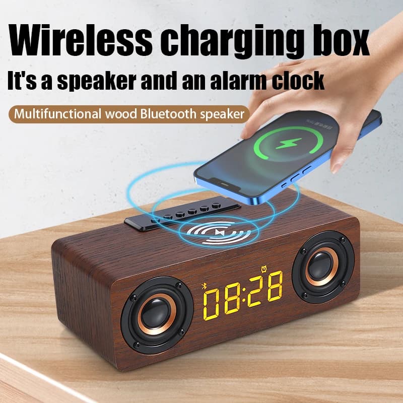 Caricabatterie wireless veloce Sveglia con altoparlante Bluetooth wireless in legno con subwoofer Barra audio Boombox stereo 3D per TV computer
