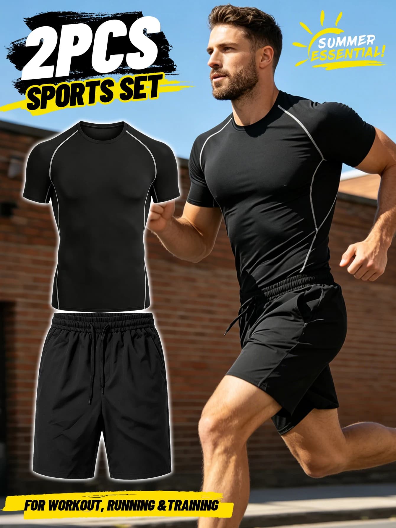 Men's Two-Piece Gym Set Elastic Quick-Drying Training Wear Breathable Sportswear for Spring Summer Autumn Morning Night Runs Cycling Hiking Fitness