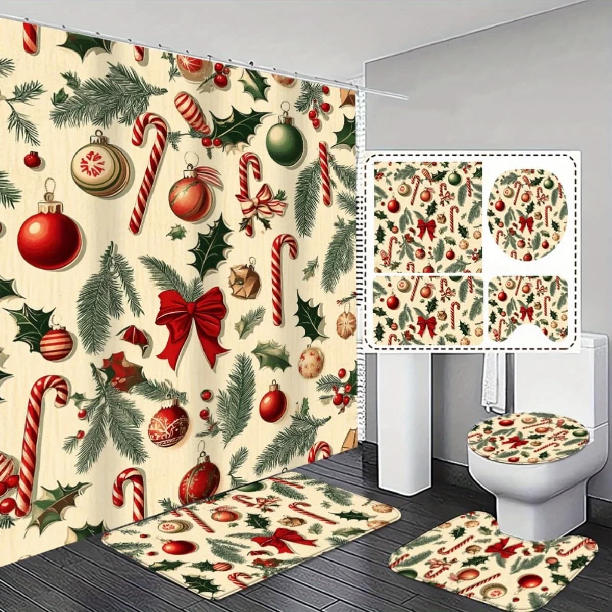 Set da 4 pezzi, regalo di Natale Decorazioni per il bagno Set di tende da doccia con tappetino antiscivolo Tappeto da bagno morbido e confortevole per uso domestico festivo