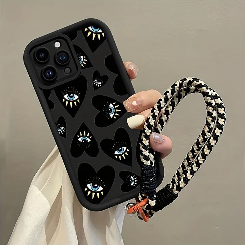 Black Love Heart Eye Hang Strap Phone Case For iPhone 16 1514 15 16 17 Pro Max 14 Pro Plus 17E Shockproof Matte Silicone Funda