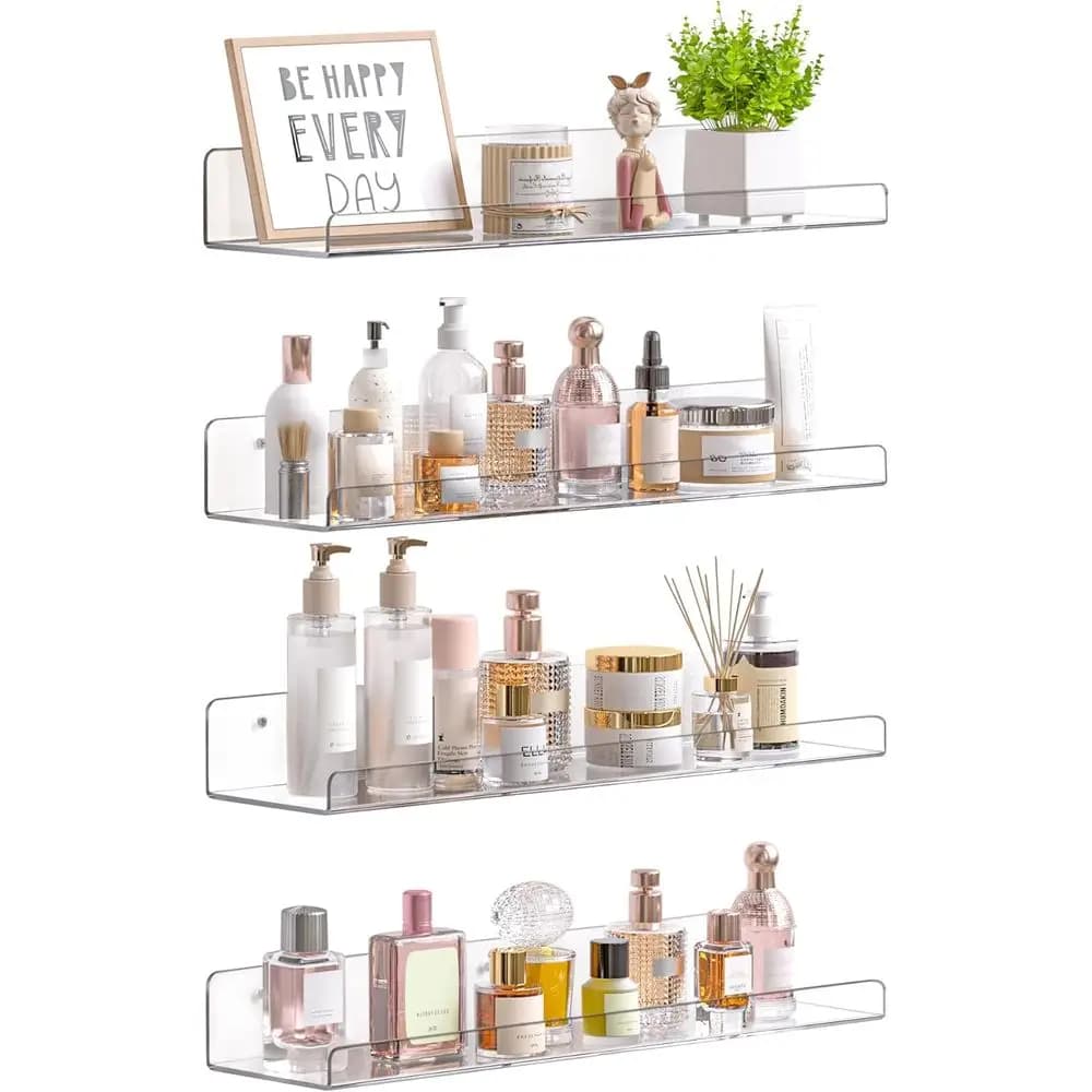 15 Clear Acrylic Floating Shelves - Wall Organizer for Perfume, Makeup, Skincare, Books, and Home Decor (4 Pack)