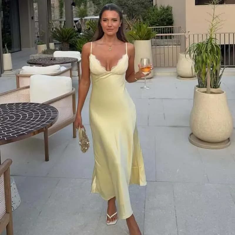 YENKYE Satin Yellow Sling Dresses Elegant Sexy For Women Slings Slings A-line Dresses Sling Party Dresses Christmas Dress