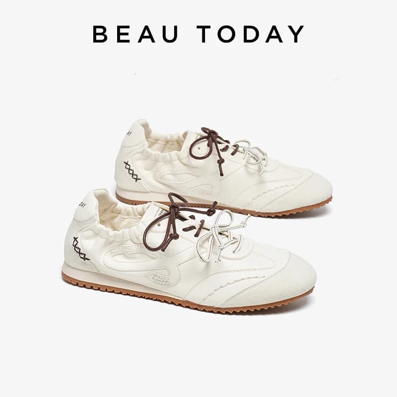 BEAUTODAY Scarpe da ginnastica alla moda da donna in pelle di mucca con punta tonda, sneakers con fascia elastica multilaccata, scarpe da donna con lacci fatte a mano 29982