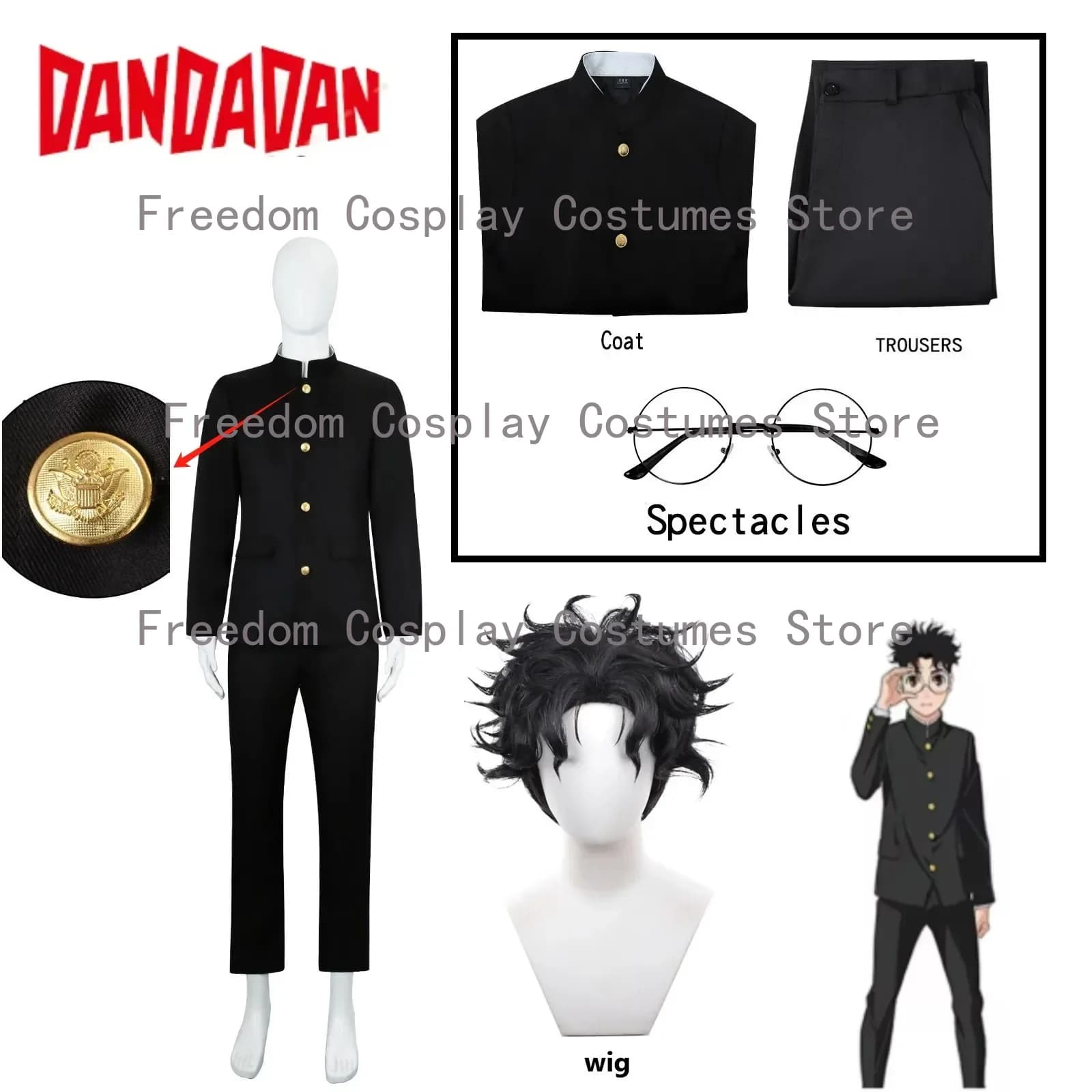 Ken Takakura Costume Cosplay Parrucca Anime Dandadan Okarun Uniforme scolastica Occhiali Giacca nera Pantaloni Gakuran Halloween Party Men