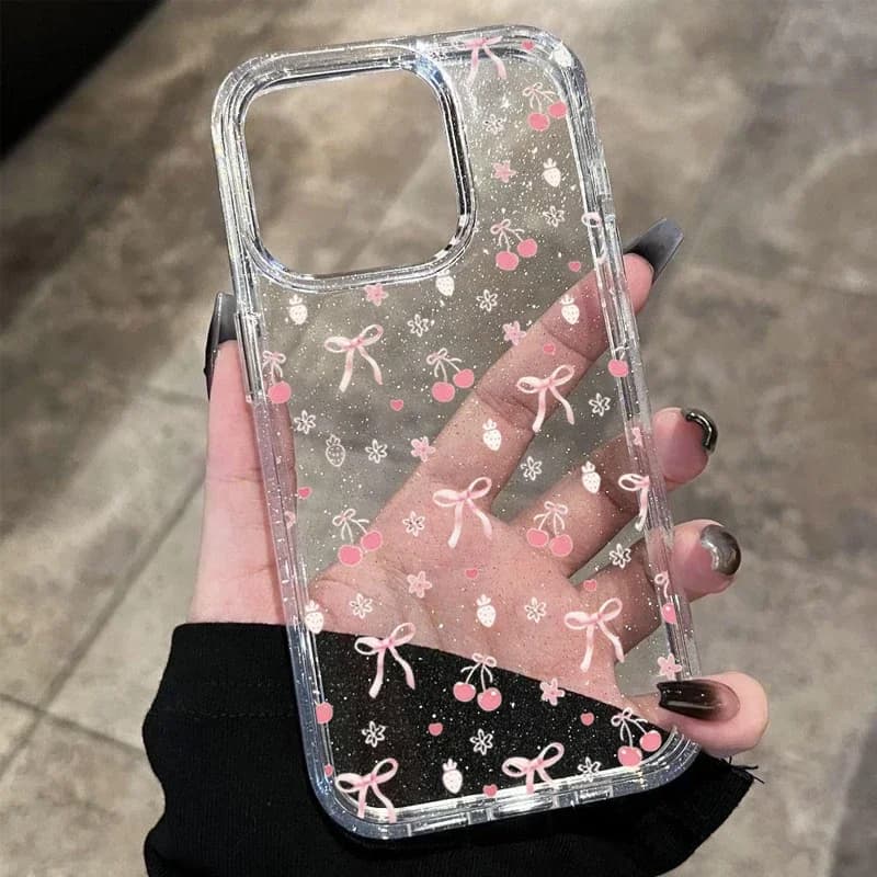 Cover Morbida Rosa Ciliegia con Fiocco Piccolo e Glitter per iPhone 17 16 15 14 13 12 11 Pro MAX 17air MINI XR XSMAX 78 Plus Y2K