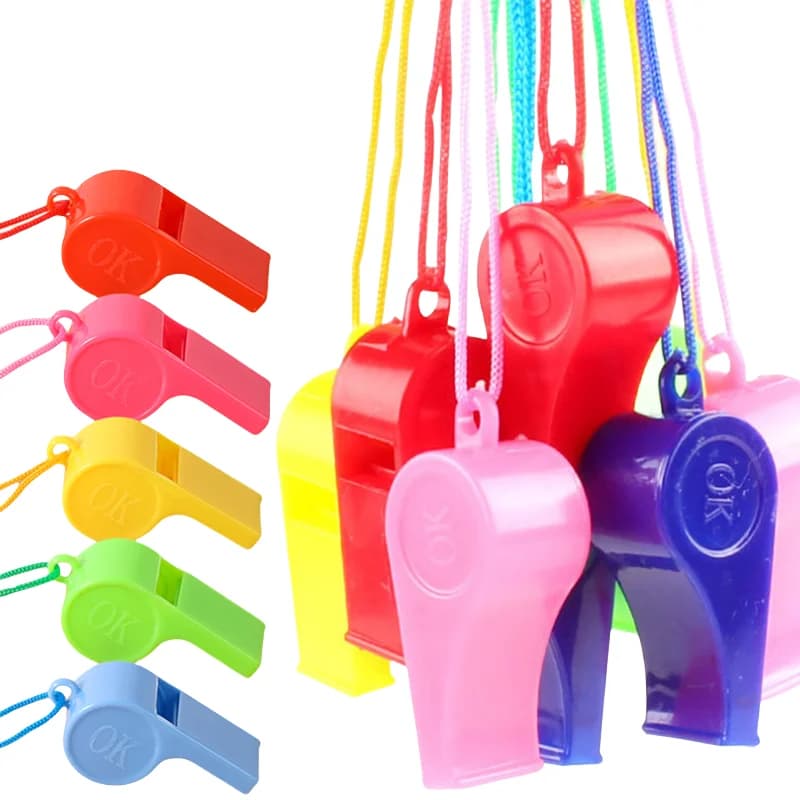 24 multifunction plastic whistles with children's rope, football, rugby, cheerleader, children's toys, birthday parties gifts