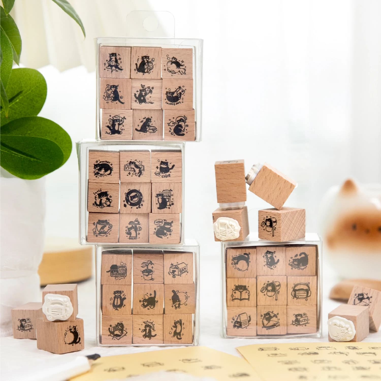 9PCS Beech Wood Kawaii Cat Stamp Set Cute Cat Pattern for Journal Scrapbooking
